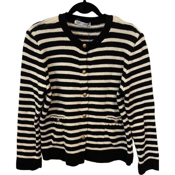 Zara Womens Cardigan Sweater Size L Black White Striped Gold Button 3991/124 NWT - Picture 2 of 9